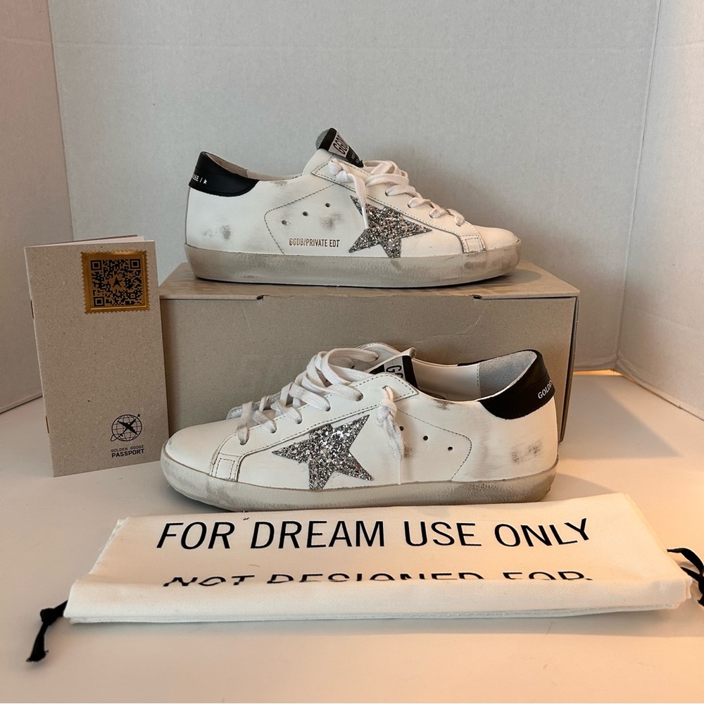 GOLDEN GOOSE Superstar distressed glittered leather sneakers